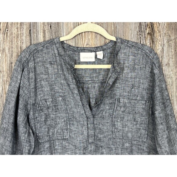 Chico's Grey Linen Popover High Low Blouse 3/4 Sleeve 2/Large Coastal Resort - Picture 2 of 13